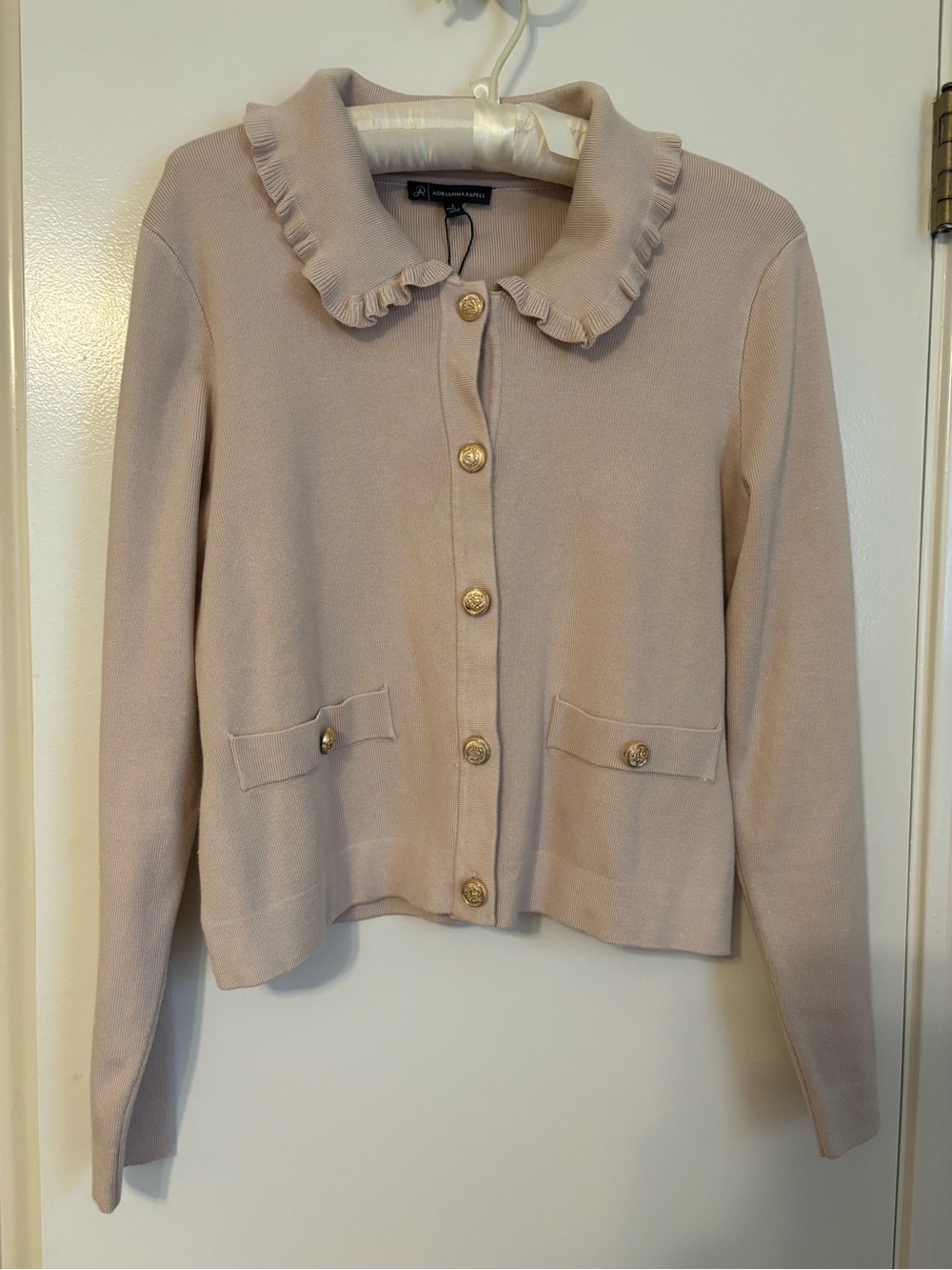Adrianna Papell Cream Ruffle Collar Button-Front Cardigan